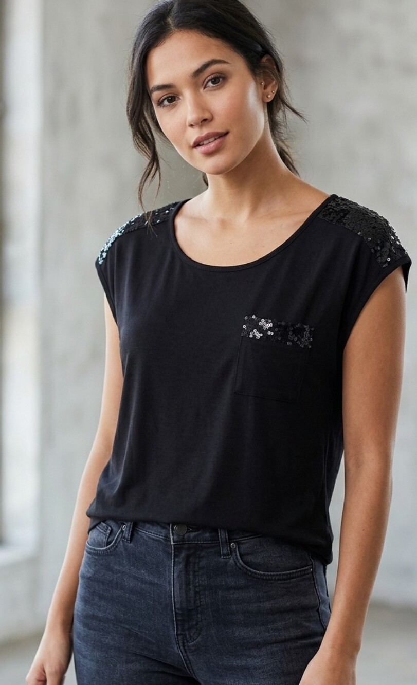 Haiku Black Sequin Accent Scoop Neck Tank size L